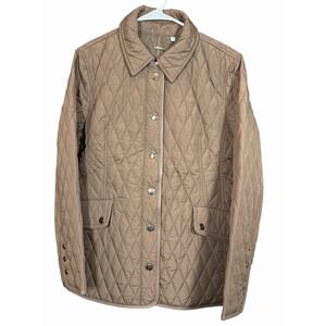 Chico's Taupe Quilted Jacket L Gold Button Equestrian Riding‎ Chore Coat Preppy